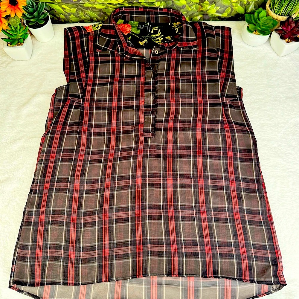 {MNG Collection | Mango} Sheer Plaid Chiffon Sleeveless Blouse with Floral Motif